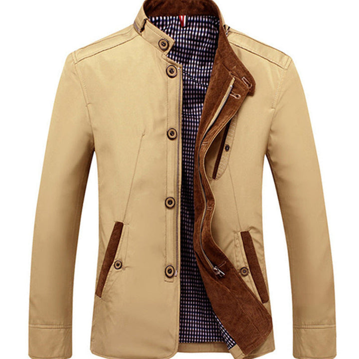 Herr Lätt Canvas Fältjacka med Stående Krage och Combined Zipper-Button Fram