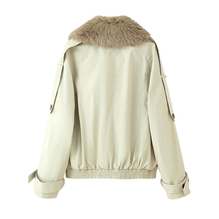Dam Dubbel-Breasted Blouson med Removable Konstpäls Krage, Midjedragsko och Adjustable Muddar