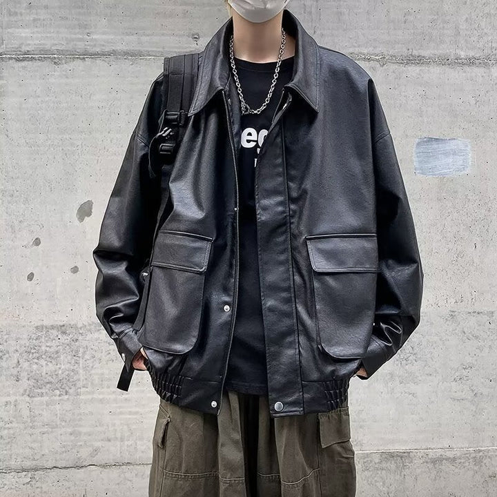 Herr Boxy Överskjorta i Läder Look med Skjorta Krage och Patch Breast Fickor