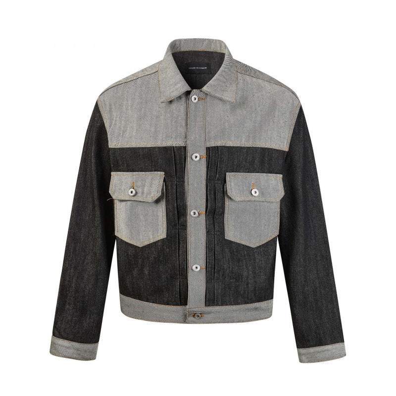 Herr cropped patcharbete denimjacka med fickor med lock och constructive söm guidance