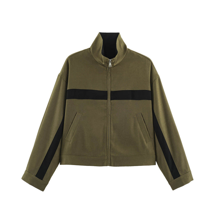 Dam Boxig Kort Övergångsjacka med Stå Krage, Contrast Stripes och Patch Fickor