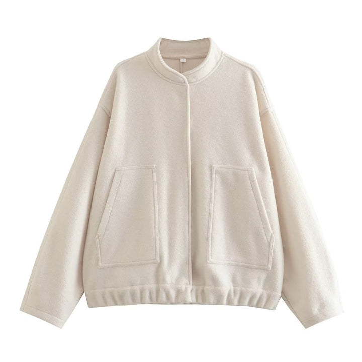 Dam 70+ Oversize Teddy-Fleecejacka med Stå Krage och Patch Fickor