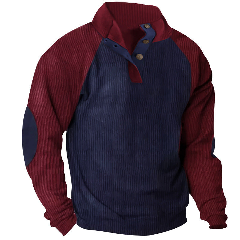 Herr Strukturerad Raglan Henley Pullover med Ståkrage, Elbow Lappar &amp; Knapplist