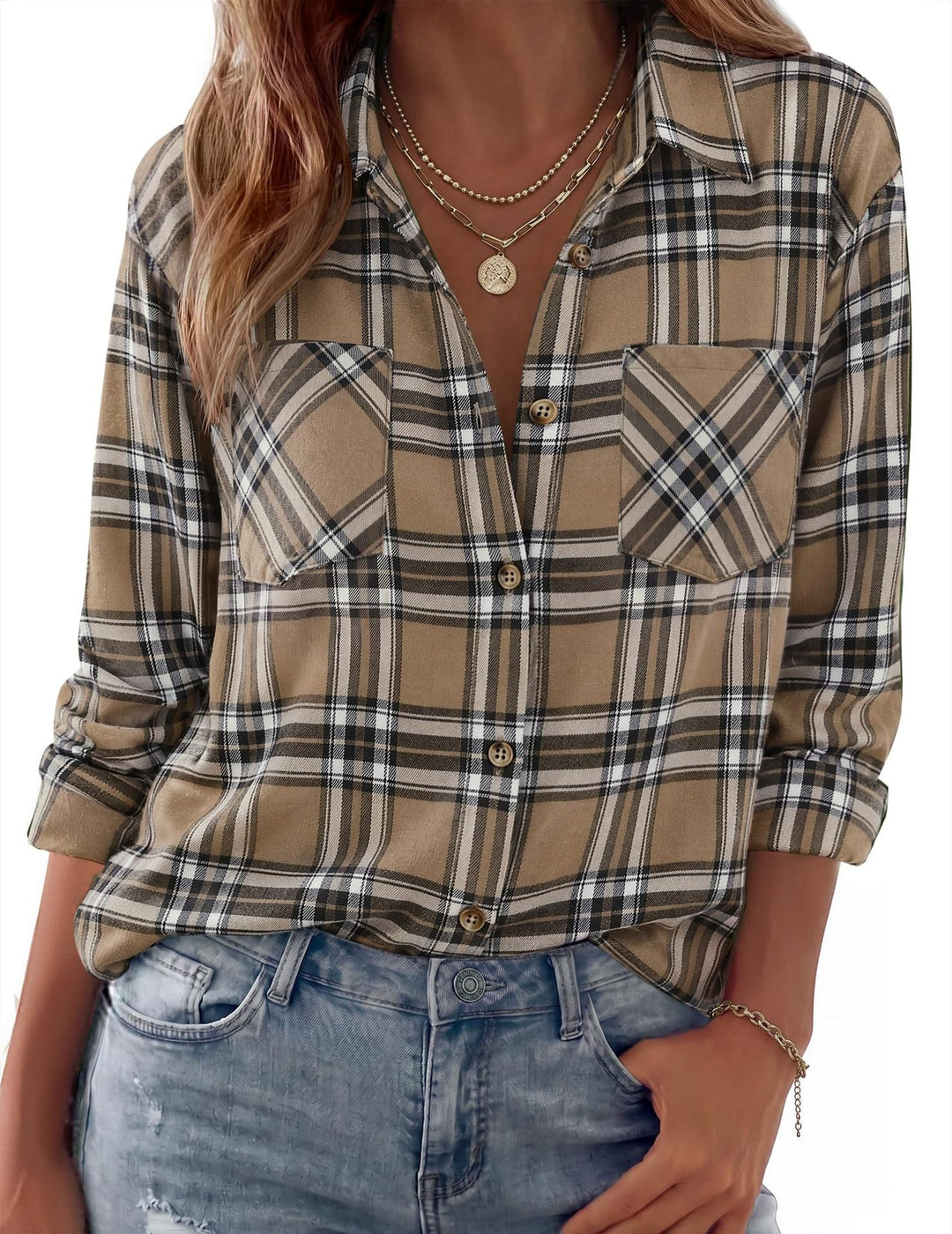 Dam Rutig Oversized Flanell Skjorta Jacka med Bröst Fickor