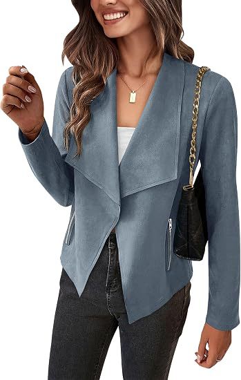 Dam Faux Mocka Waterfall Blazer med Asymmetrical Fåll och Fickor med Dragkedja
