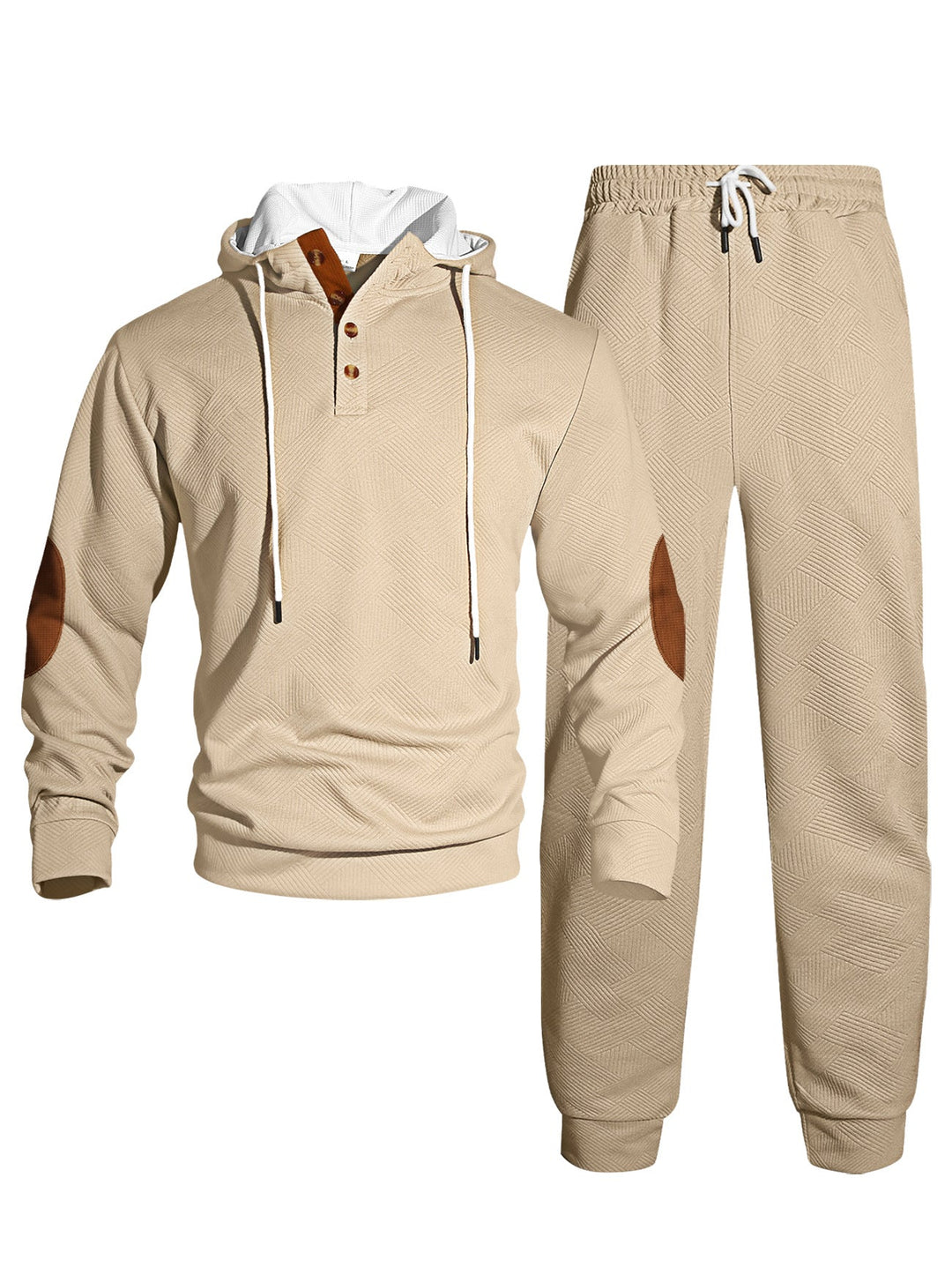 Herr Waffle Structure Henley Luvtröja Set med Wooden Knapplist Elbow Lappar och Tapered Joggingbyxor