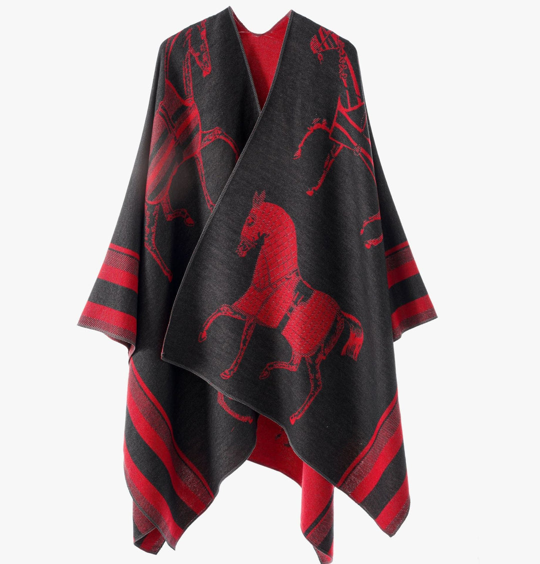 Dam Jacquard Poncho Wrap med Horse Motif och Boxig Kimono Silhuett