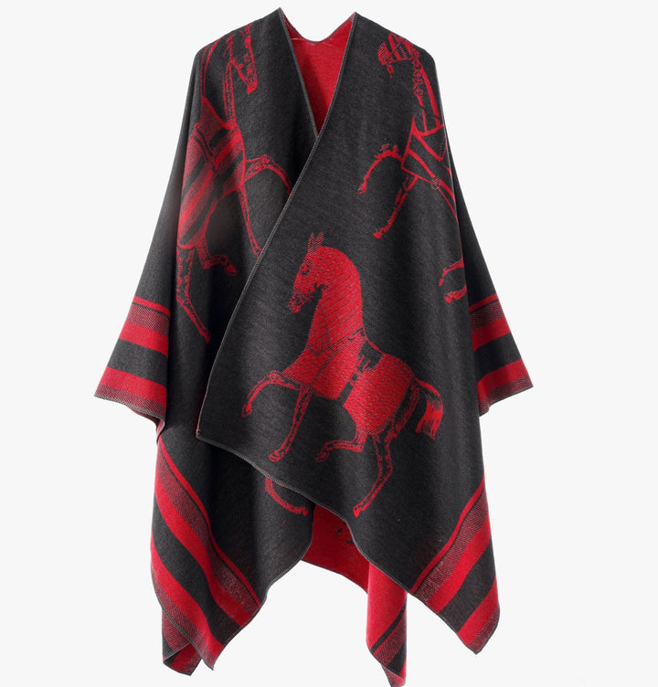 Dam Jacquard Poncho Wrap med Horse Motif och Boxig Kimono Silhuett