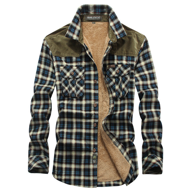Herr Rutig Fleecefodrad Flannel Skjorta med Manchester Axel Yoke