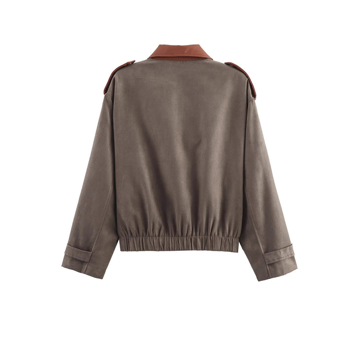 Dam oversized kort jacka med kontrast krage, axel patches och elastic waist drawstring