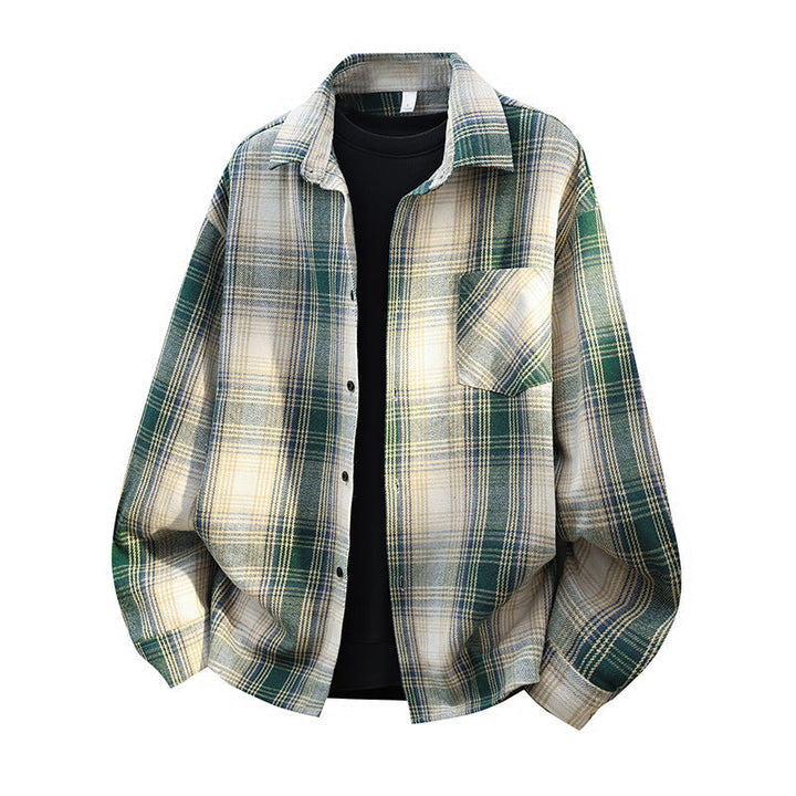 Herr Oversized Rutig Flannel Skjortjacka med Breast Ficka och Rundad Fåll