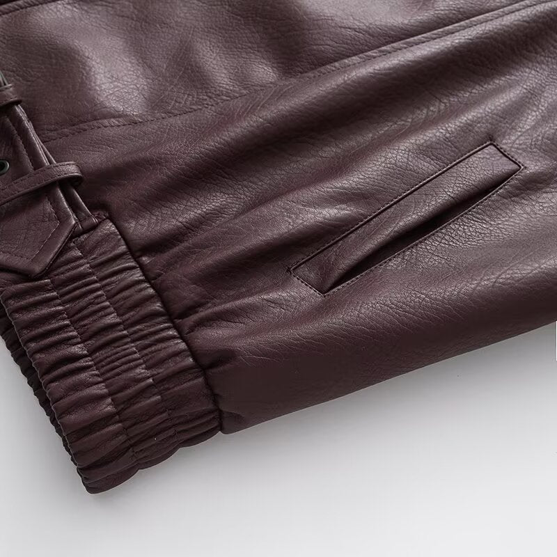 Dam Oversized Konstläder Biker Jacka med Asymmetrical Dragkedja, Bälte och Elastic Midja