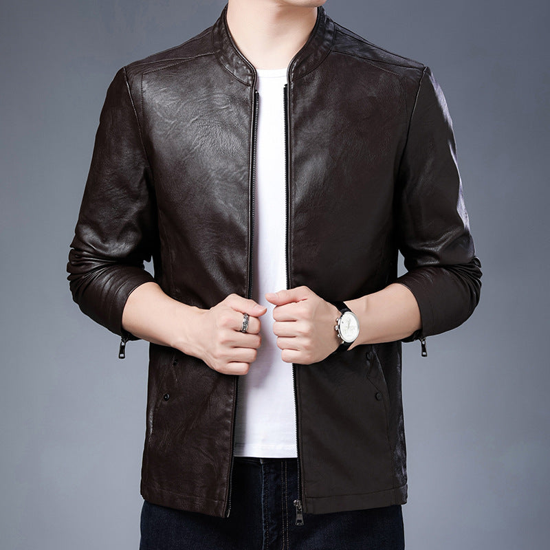 Herr Smal Leather-Look Blouson i Aviator Minimal Stil med Stående Krage och Zippered Ärmar