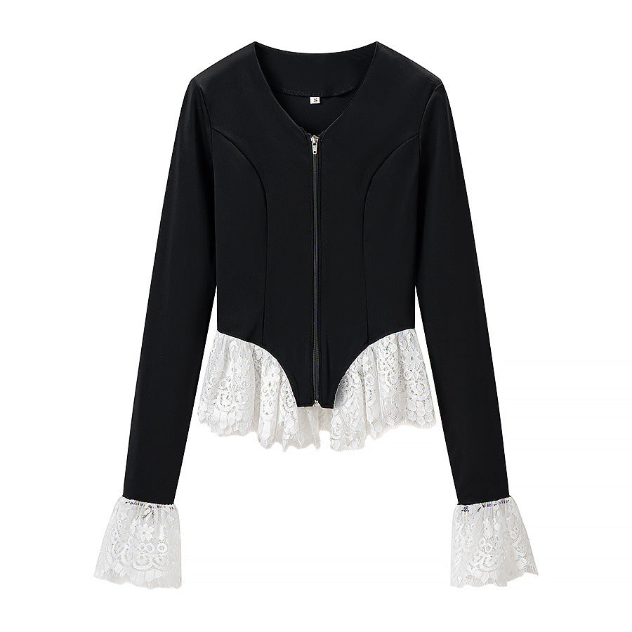 Dam Tailored Kort Jacka med Center Dragkedja och Lace Ruffles