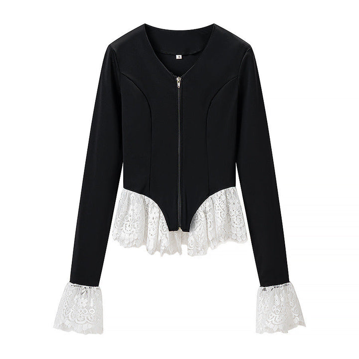 Dam Tailored Kort Jacka med Center Dragkedja och Lace Ruffles