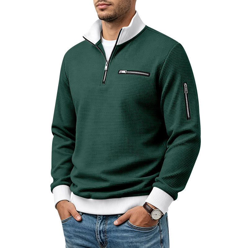 Herr Waffle-Stickad Turtleneck med Contrast Krage, Zippered Bröstficka och Ärmficka
