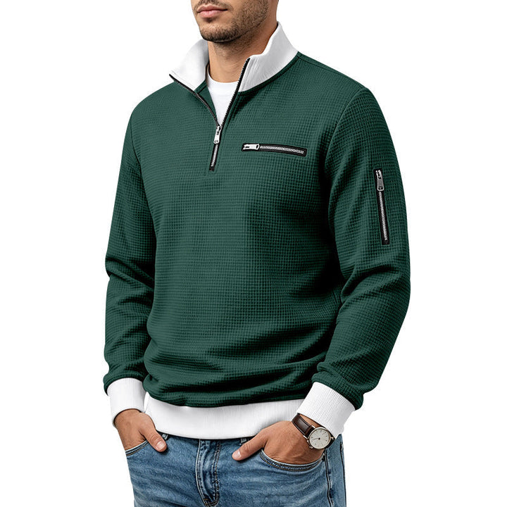 Herr Waffle-Stickad Turtleneck med Contrast Krage, Zippered Bröstficka och Ärmficka