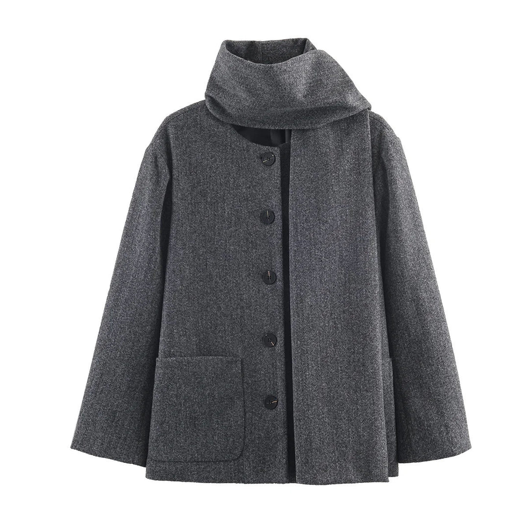 Dam boxy jacka i ullblandning med voluminous tube krage och patch front pocket