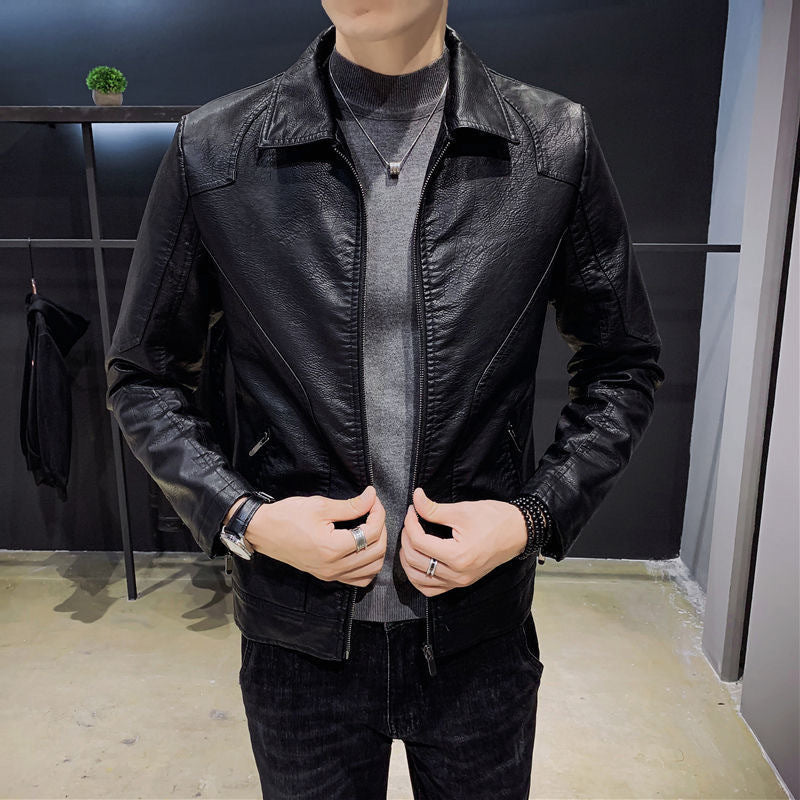 Herr Minimalistic Läder Effect Zip Blouson med Ergonomic Söm Lines och Skjorta Krage