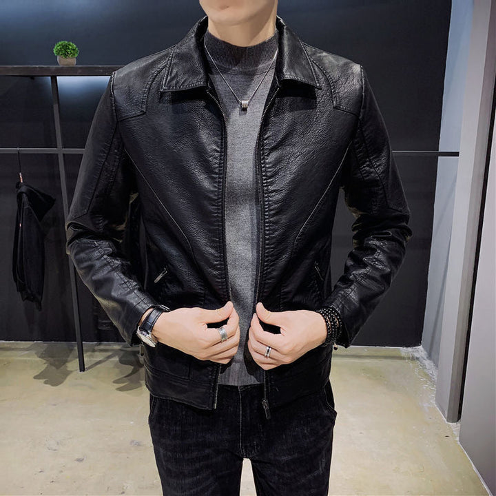 Herr Minimalistic Läder Effect Zip Blouson med Ergonomic Söm Lines och Skjorta Krage
