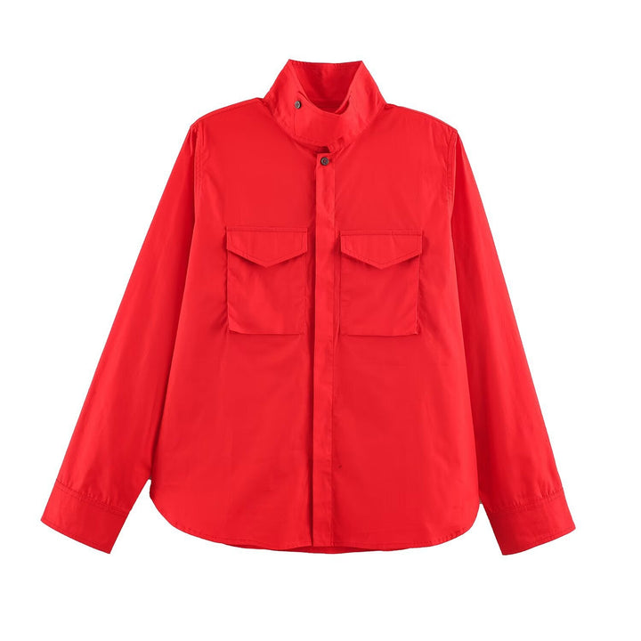 Dam Oversize Utility Skjortjacka med Hög Stå Krage och Patch Breast Fickor