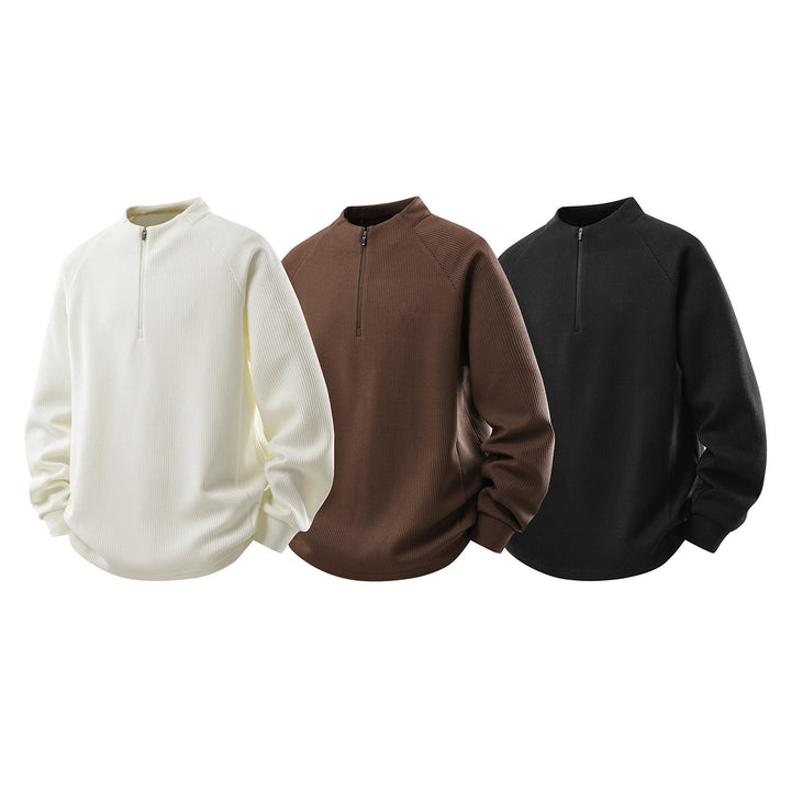 Herr Waffle Structure Halv Dragkedja Pullover med Ståkrage och Avslappnad Passform Drune
