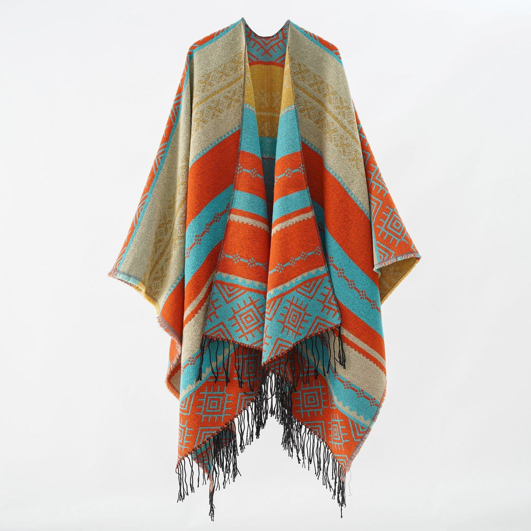 Dam Structured Web Cape i Ethno-Jacquard med fransfåll