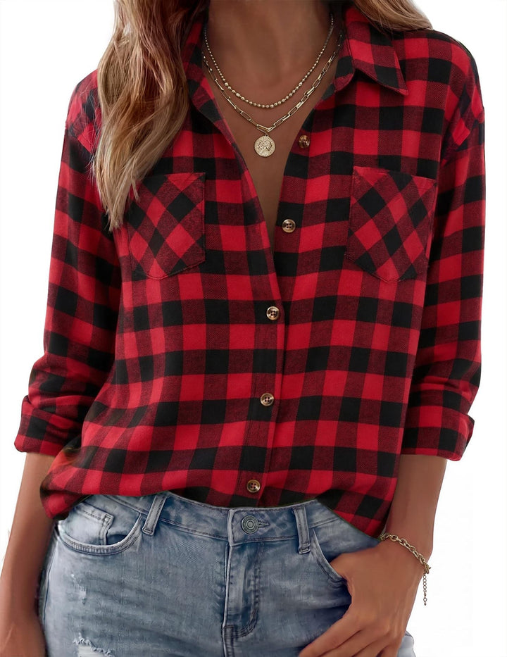 Dam Rutig Oversized Flanell Skjorta Jacka med Bröst Fickor