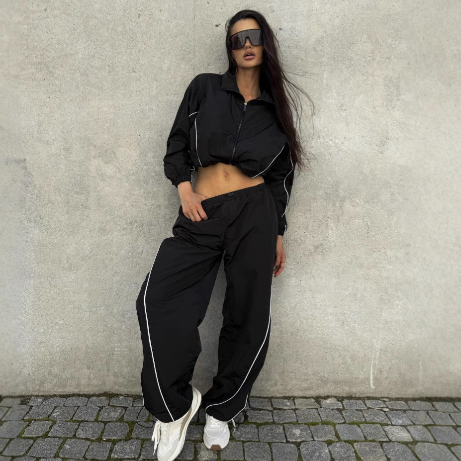 Dam kort skärning vindjacka med Half dragkedja, Drawstring och elastiska muddar