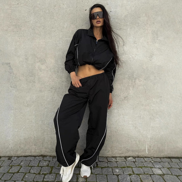 Dam kort skärning vindjacka med Half dragkedja, Drawstring och elastiska muddar