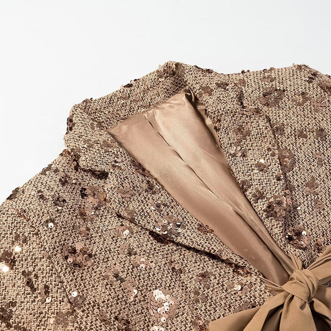 Dam Sequin Tweedjacka med Dekorativ Bow Stängning
