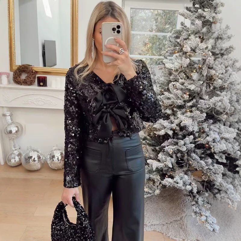 Dam kort jacka med Sequin Trim och dekorativ Bow fram