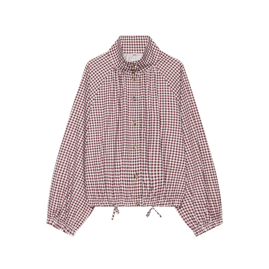 Dam Kort Skärning Checked Skjortjacka med Stå Krage, Raglan Ärmar och Drawstring