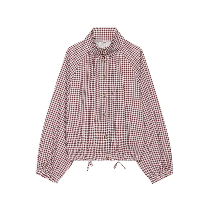 Dam Kort Skärning Checked Skjortjacka med Stå Krage, Raglan Ärmar och Drawstring
