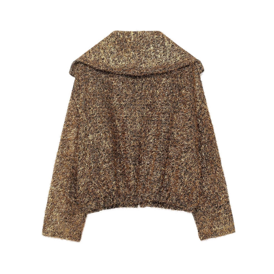 Dam Glittering Boucle Dragkedja Jacka med Bred Krage och Kort Boxig Skärning