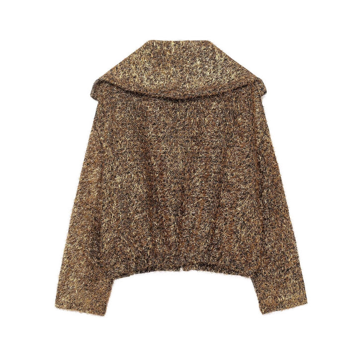 Dam Glittering Boucle Dragkedja Jacka med Bred Krage och Kort Boxig Skärning