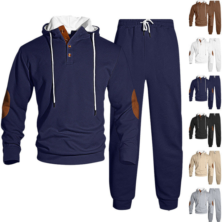 Herr Waffle Structure Henley Luvtröja Set med Wooden Knapplist Elbow Lappar och Tapered Joggingbyxor