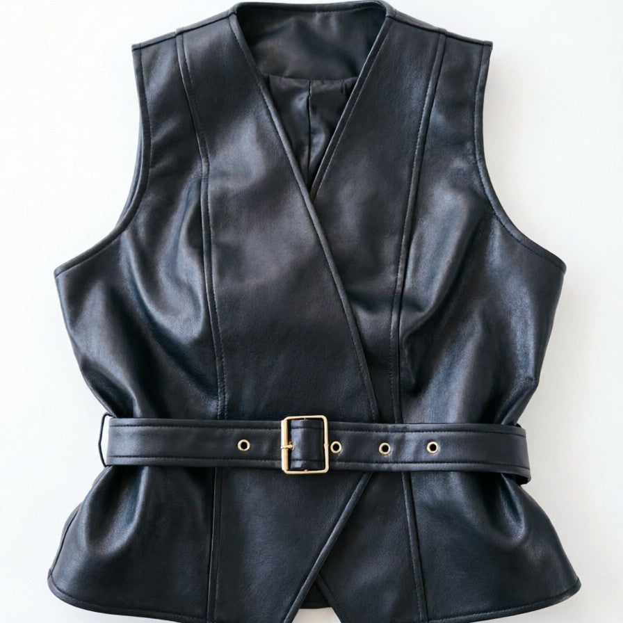 Dam Elegant och Figure-Hugging Faux Läder Väst