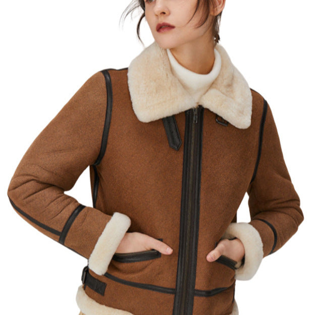 Dam kort skärning Aviator Sheepskin Imitation jacka med teddyfoder och konstläder Trim