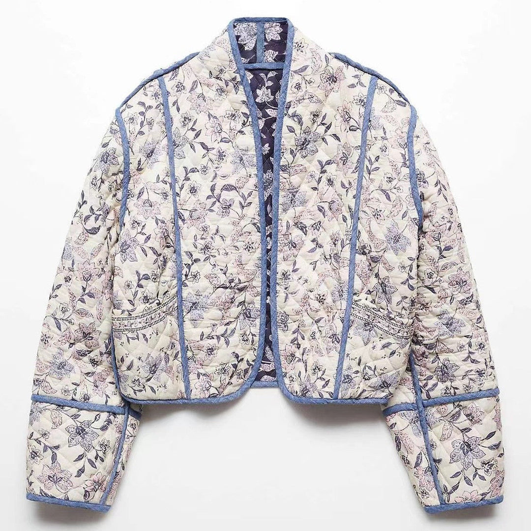 Dam kort skuren kviltad blouson jacka med blommig broderi och kontrasterande piping