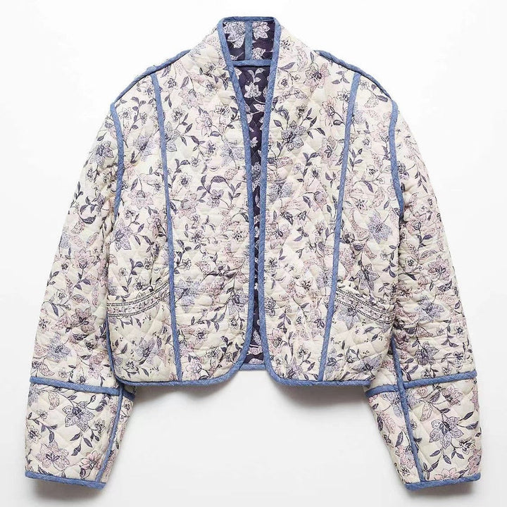Dam kort skuren kviltad blouson jacka med blommig broderi och kontrasterande piping
