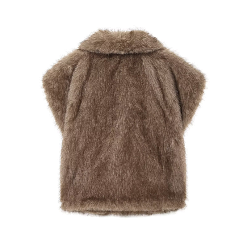Dam Kort Faux Fur Väst med Voluminous Shawl Krage och Vadderad Foder