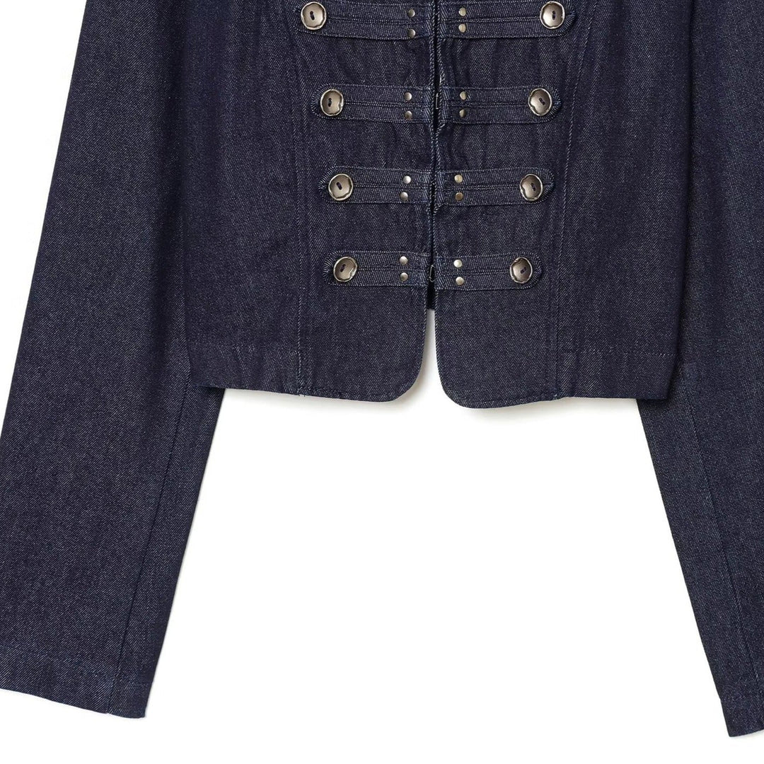 Dam kort denim Military jacka med ståkrage och dekorativ knappslå