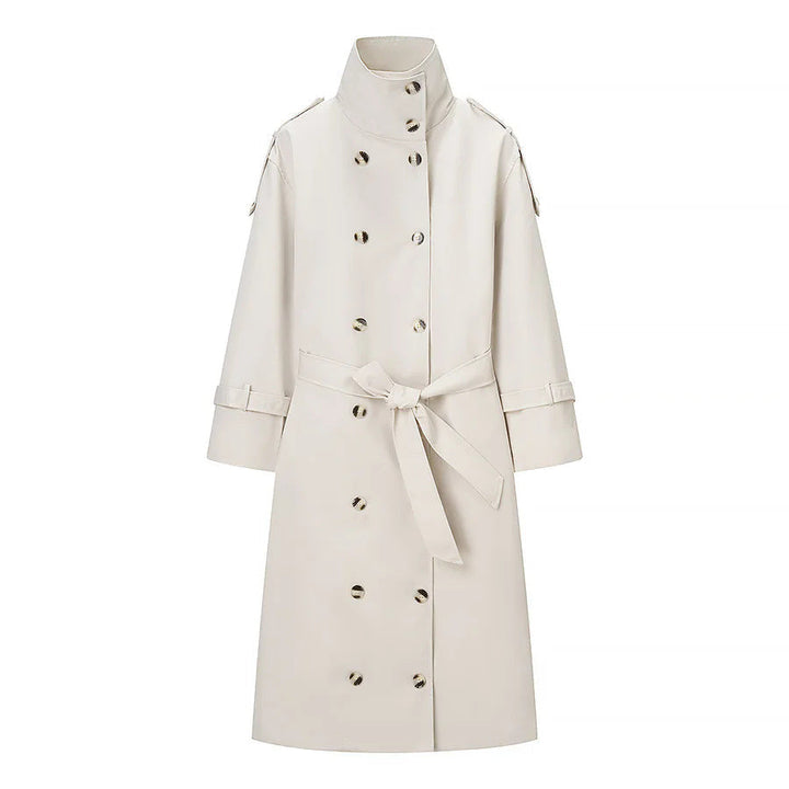 Dam lång double-breasted trenchcoat med high stand krage och tie bälte