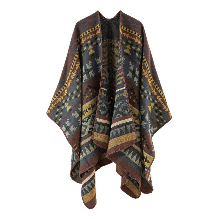 Dam coarse woven ethnic poncho med fringes
