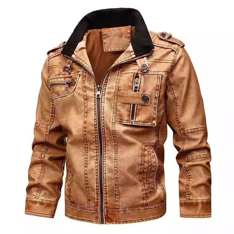 Herr vintage-inspired bikerjacka i läderlook med funktion fickor och ståkrage