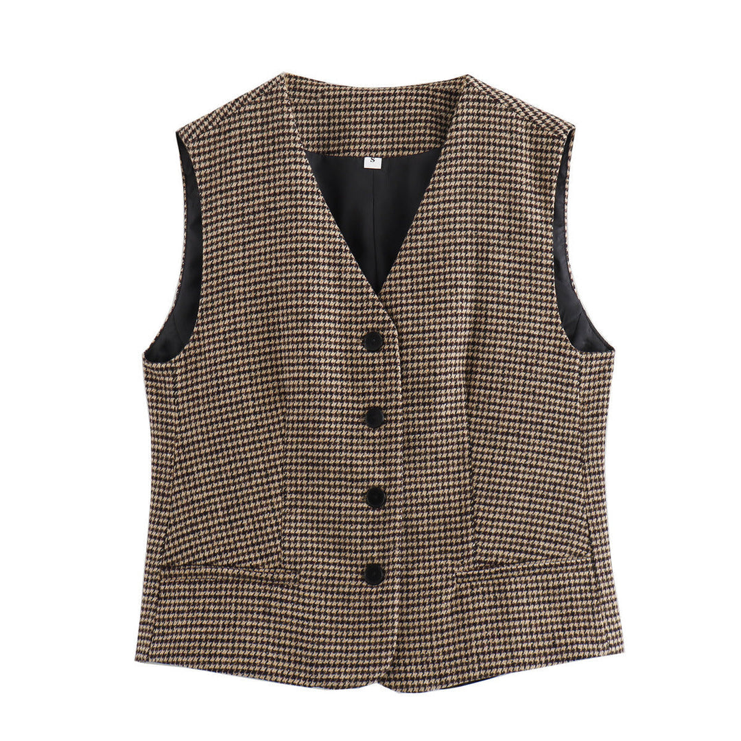 Dam figursydd houndstooth väst med V-neck och knäppning