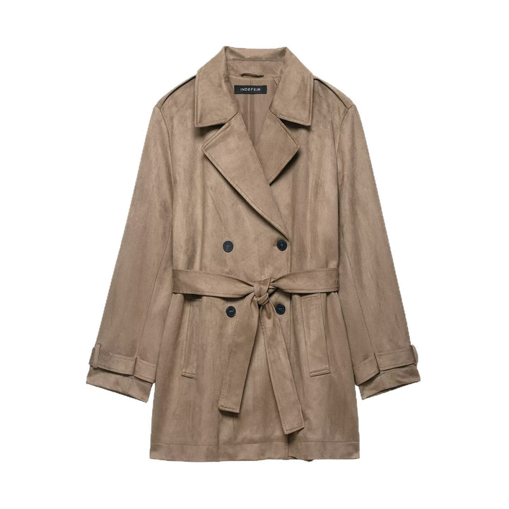 Dam Dubbel Breasted Mocka Effect Trenchcoat med Midjebälte