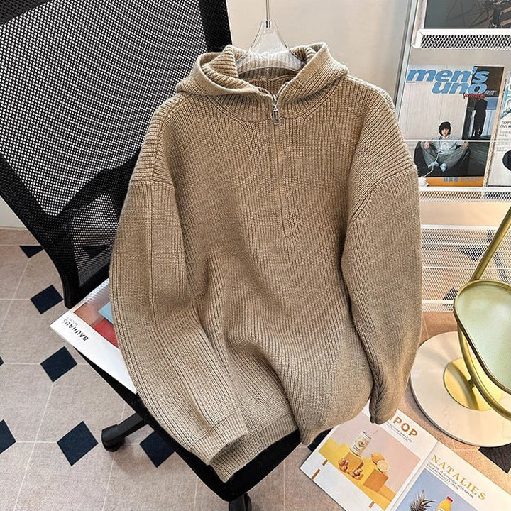 Herr Chunky Stickad Pullover med Huva och Dragkedja