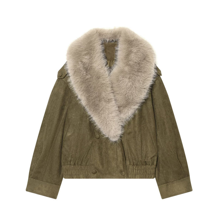 Dam Kort Velour Jacka med Avtagbar XXL Shawl Krage